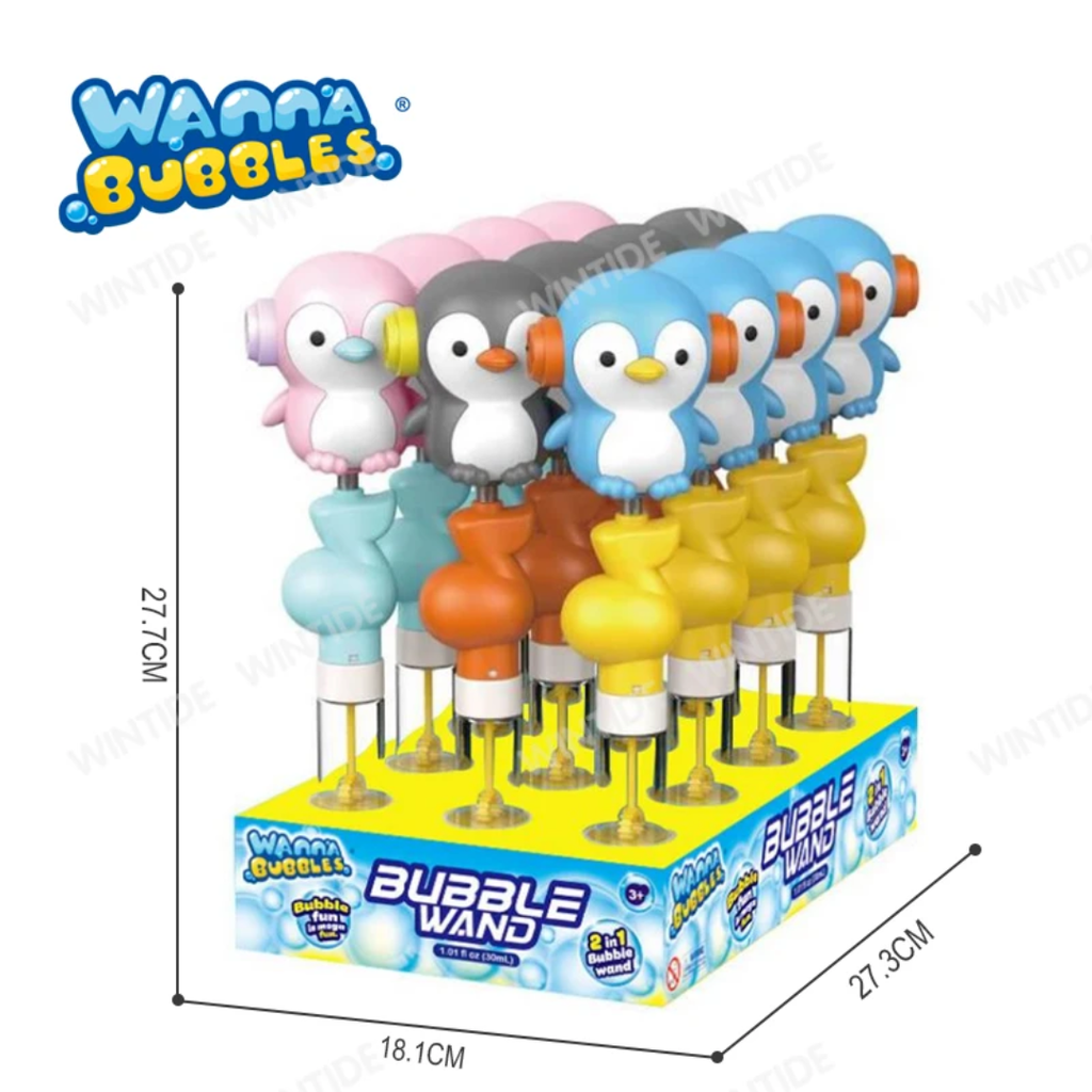 WANNA BUBBLES 2IN1 Penguin Whistle Plastic Bubble Wand Candy Toys Bubble Stick