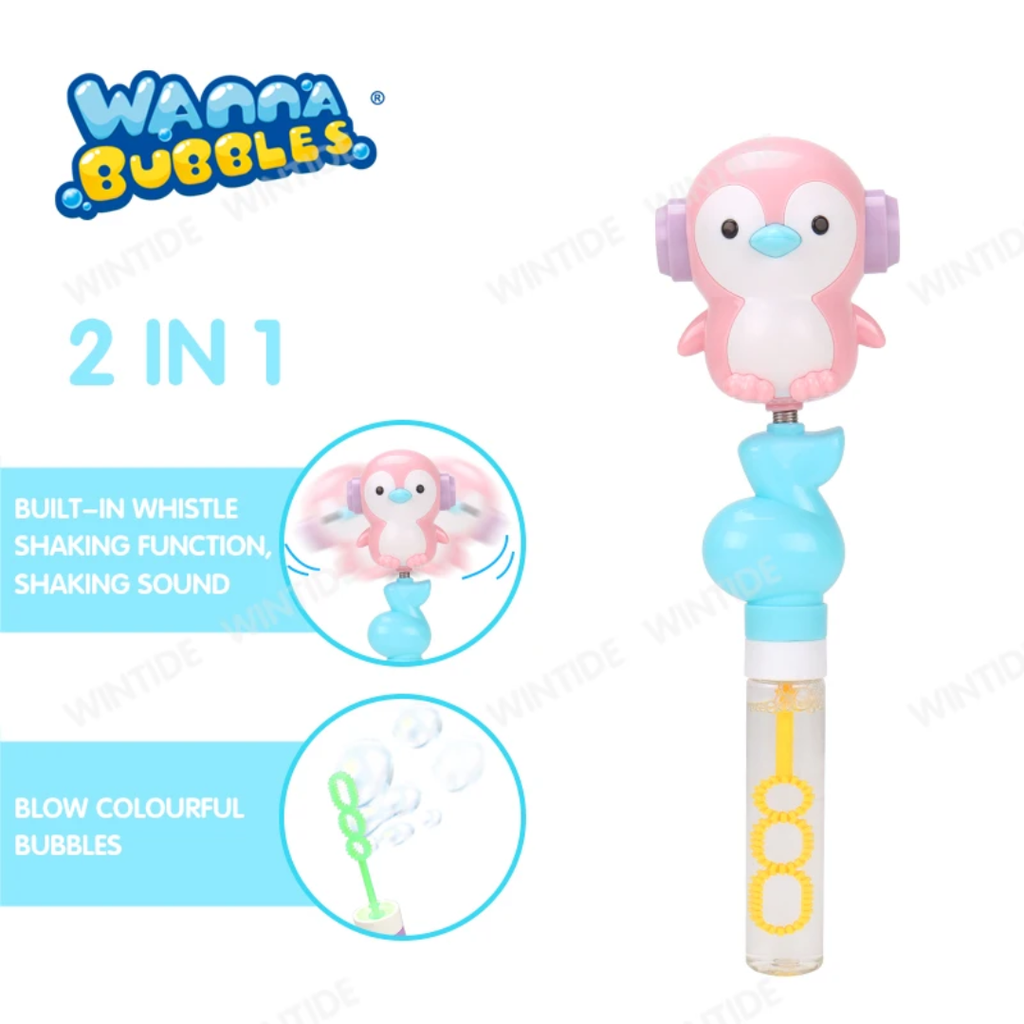 WANNA BUBBLES 2IN1 Penguin Whistle Plastic Bubble Wand Candy Toys Bubble Stick