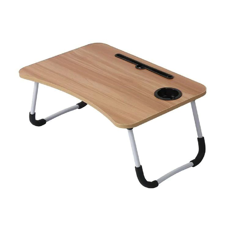 Foldable Wooden Laptop Bed Table with Cup Holder & Tablet Slot