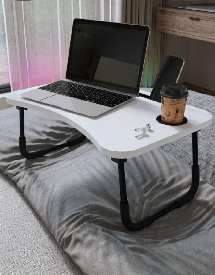 Foldable Wooden Laptop Bed Table with Cup Holder & Tablet Slot