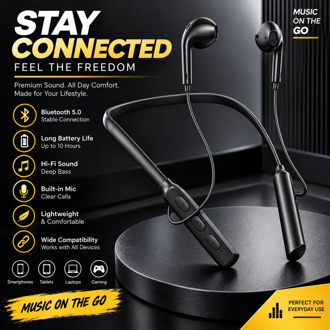 Premium Wireless Neckband Bluetooth Earphones – Long Battery & Hi-Fi Sound
