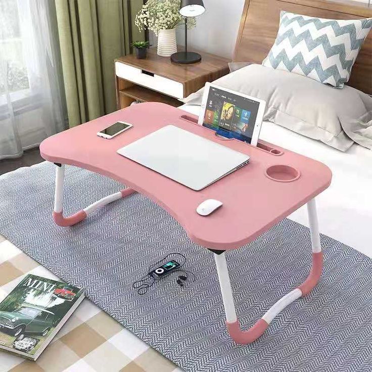 Foldable Wooden Laptop Bed Table with Cup Holder & Tablet Slot